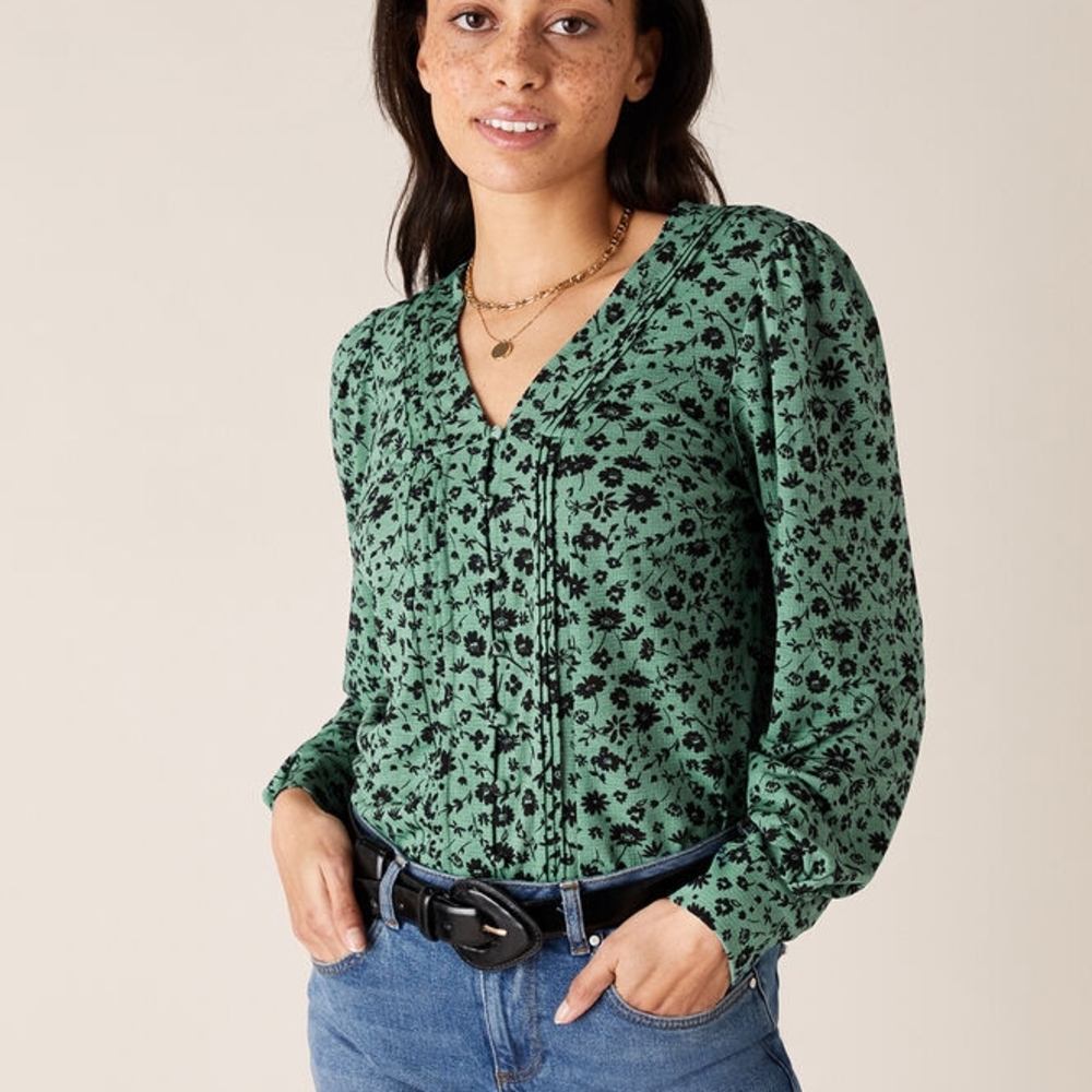 Monsoon Floral V-Neck Long Sleeve Top Green